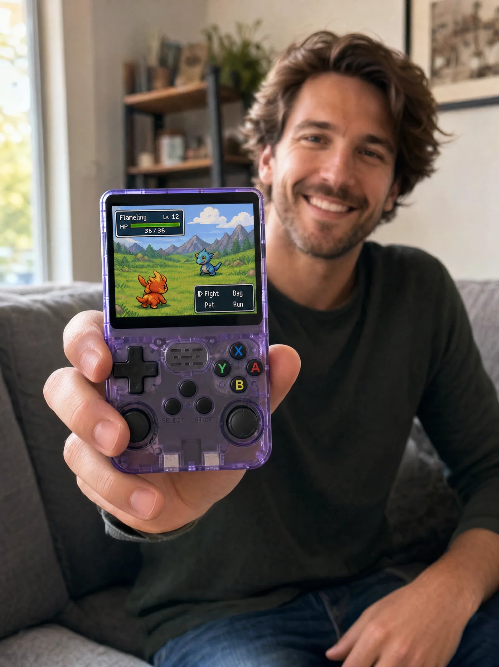 Person playing a handheld game console at home