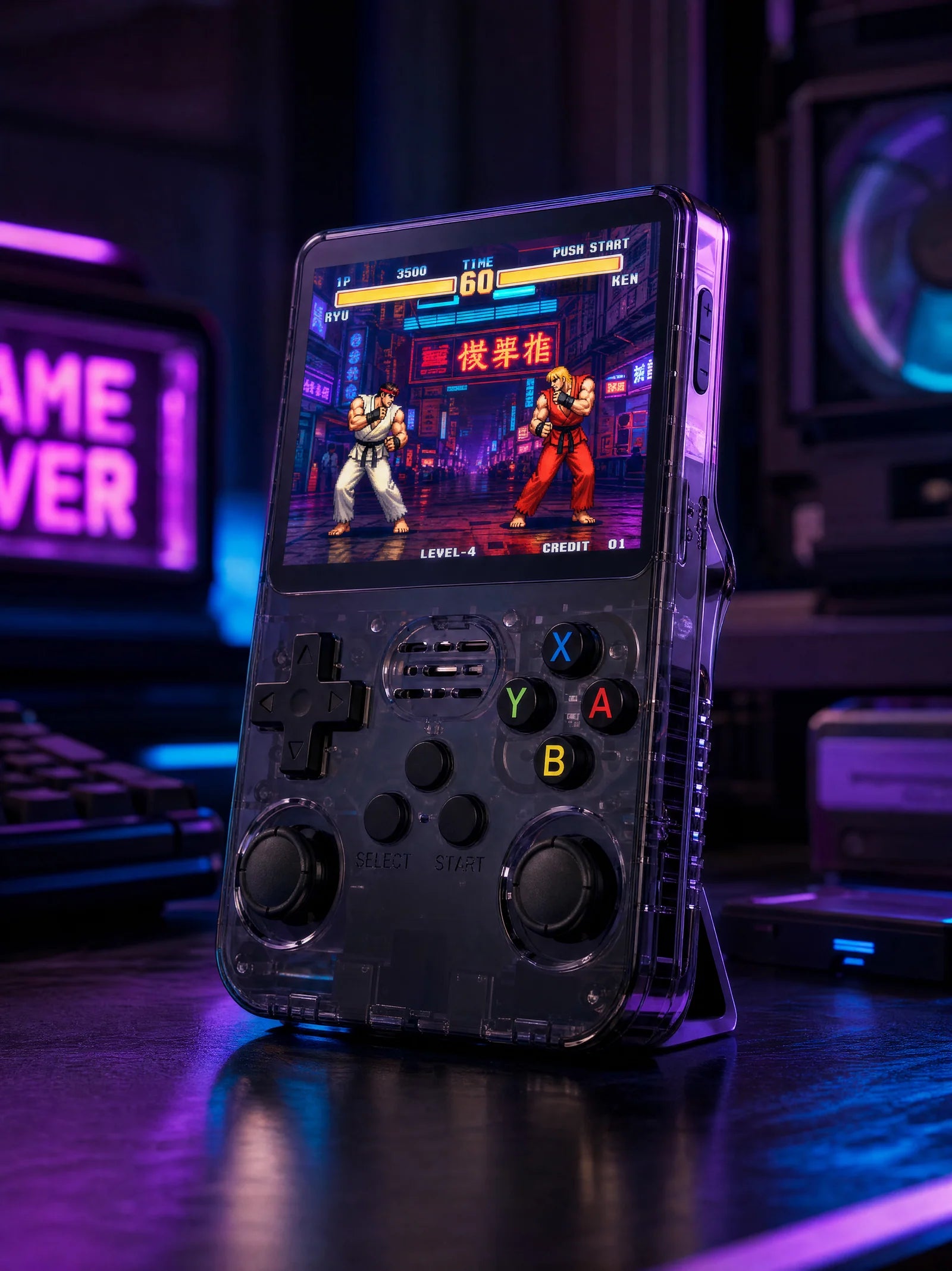 Handheld game console in a neon gaming setup